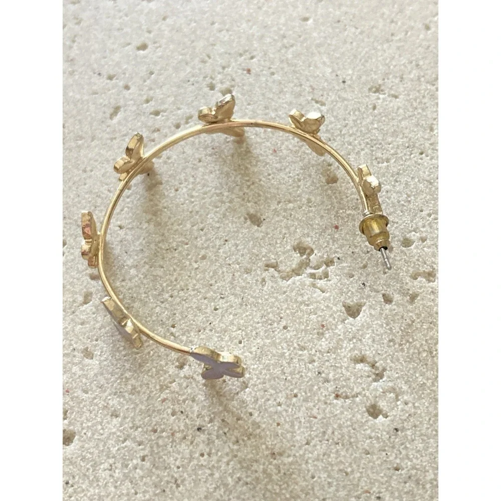 Gold Tone Lilac‎ Enamel Butterfly Open Hoop Earrings  Whimsical Fairy Purple